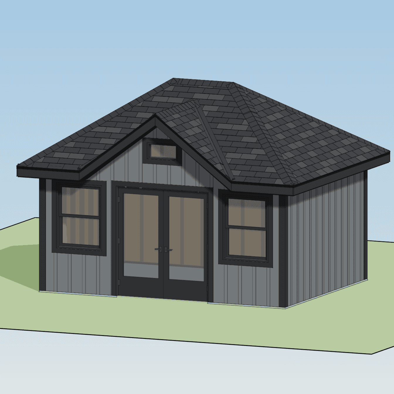 Exterior rendering of a dark gray shed with a hip roof and inverse gable