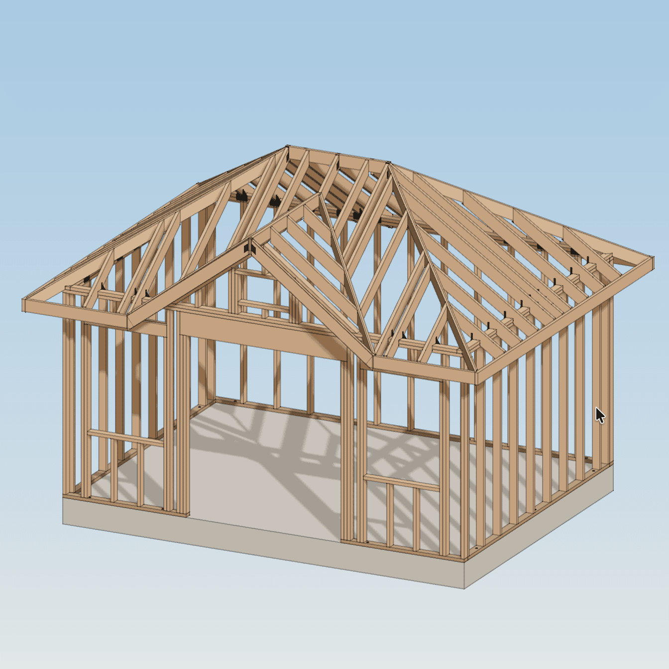 Exposed wall and roof framing rendering for the inverse-gable shed