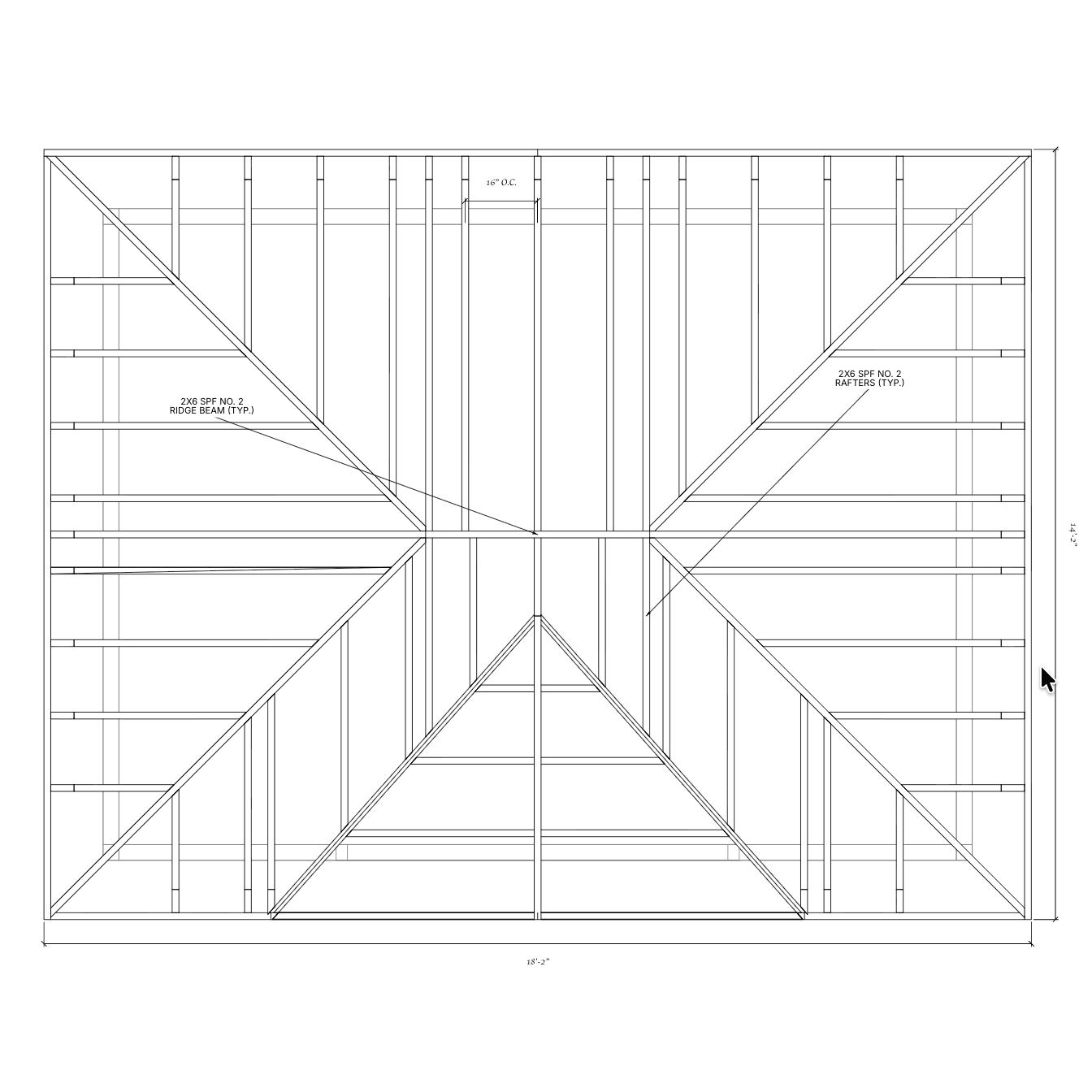 Dimensioned roof framing plan for the inverse-gable hip roof