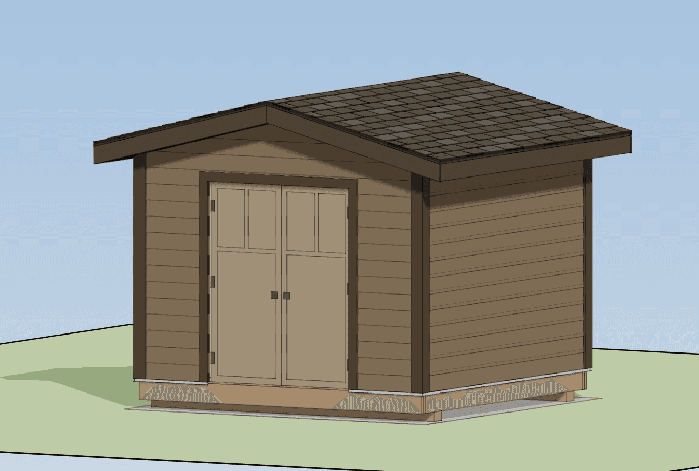 Exterior rendering of a brown gable-roof backyard shed with double doors in San Francisco