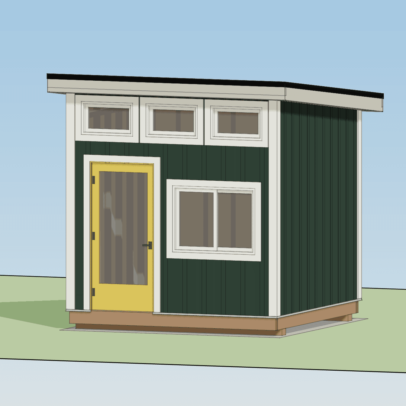 Exterior rendering of the dark green single-slope shed with a yellow door and Hardie board-and-batten siding
