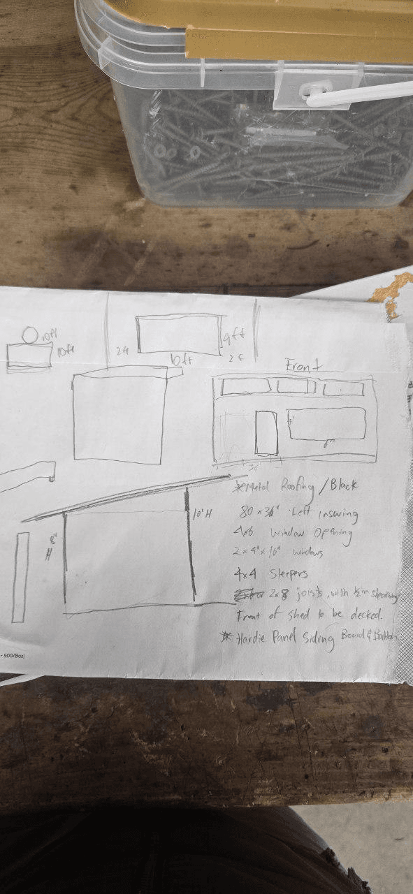Client hand drawing showing the original shed layout, elevations, dimensions, and material notes