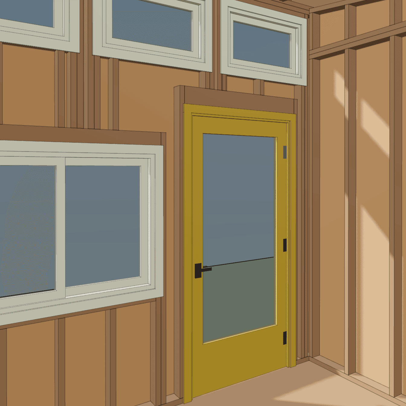 Interior framing rendering showing the shed windows and yellow glazed door