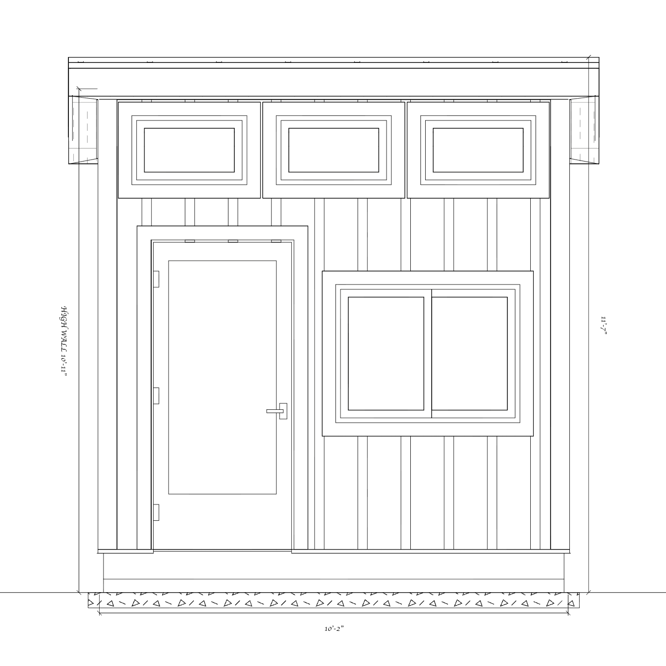 Dimensioned front elevation showing the shed door and four windows