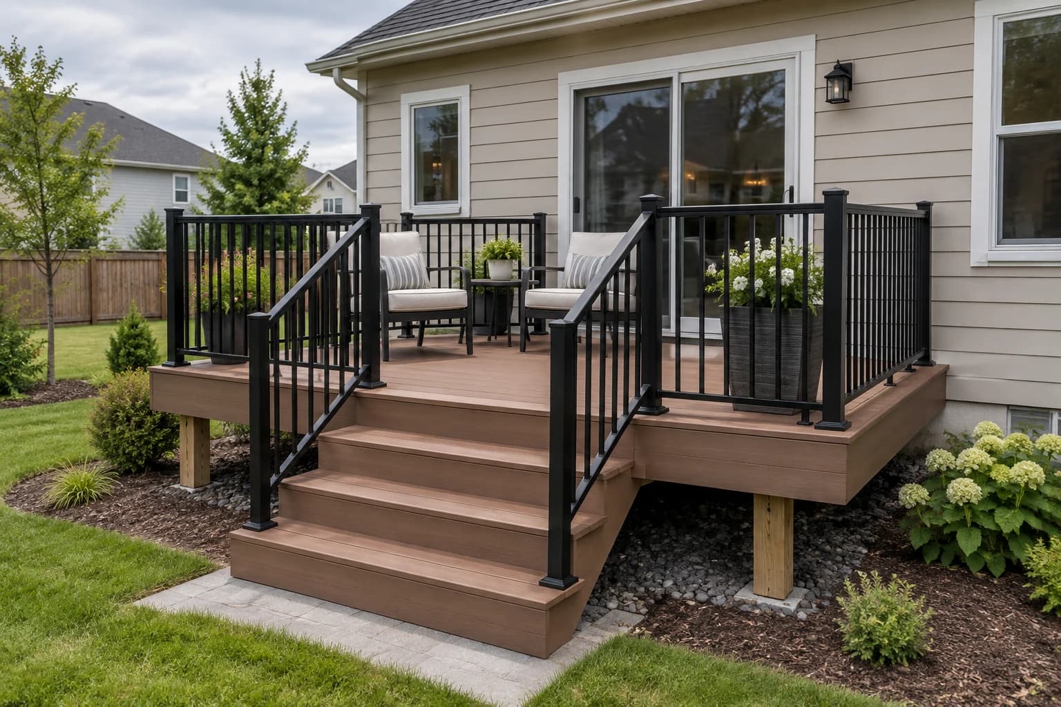 Completed 10 by 12 foot attached backyard deck with dining furniture