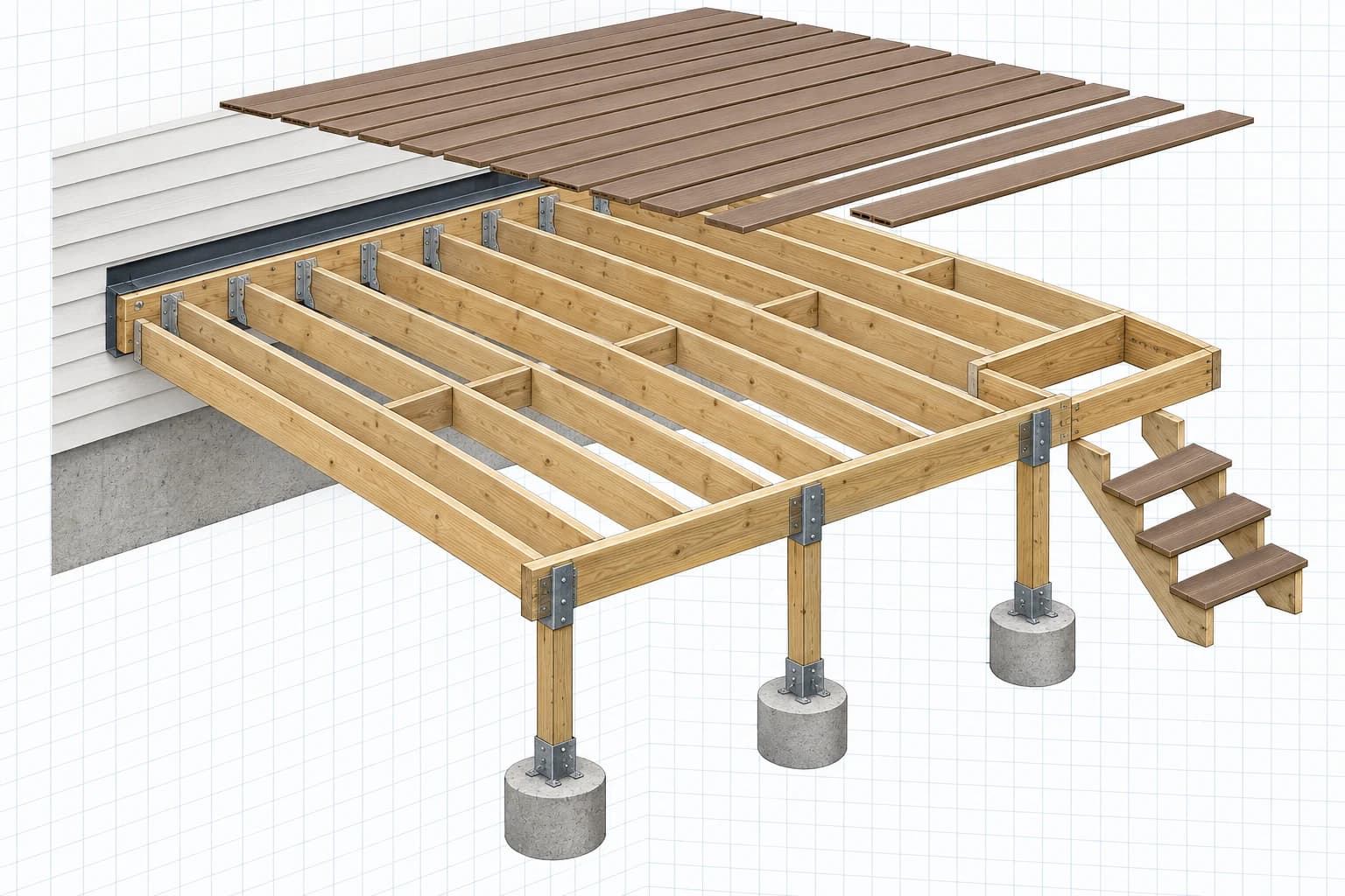 Exploded framing diagram of a 10 by 12 foot attached deck