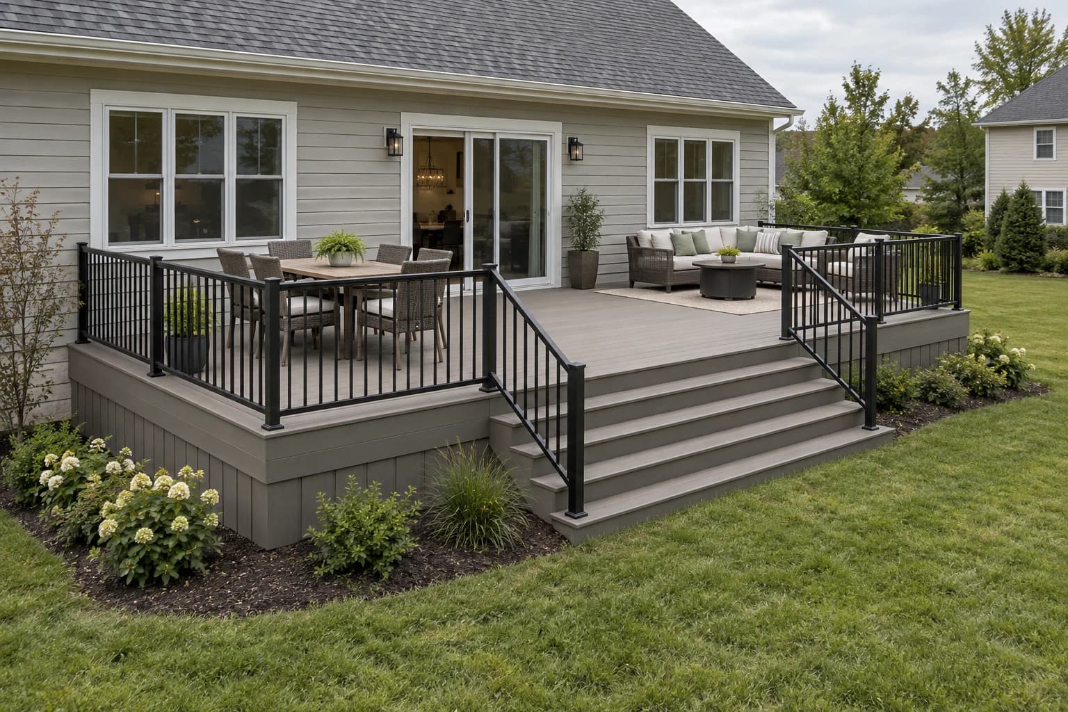Completed 12 by 20 foot attached backyard deck with dining and lounge areas
