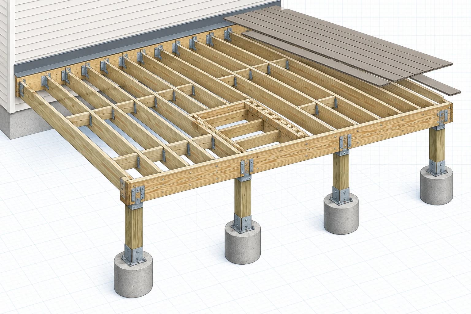 Exploded framing view of a 12 by 20 foot attached deck