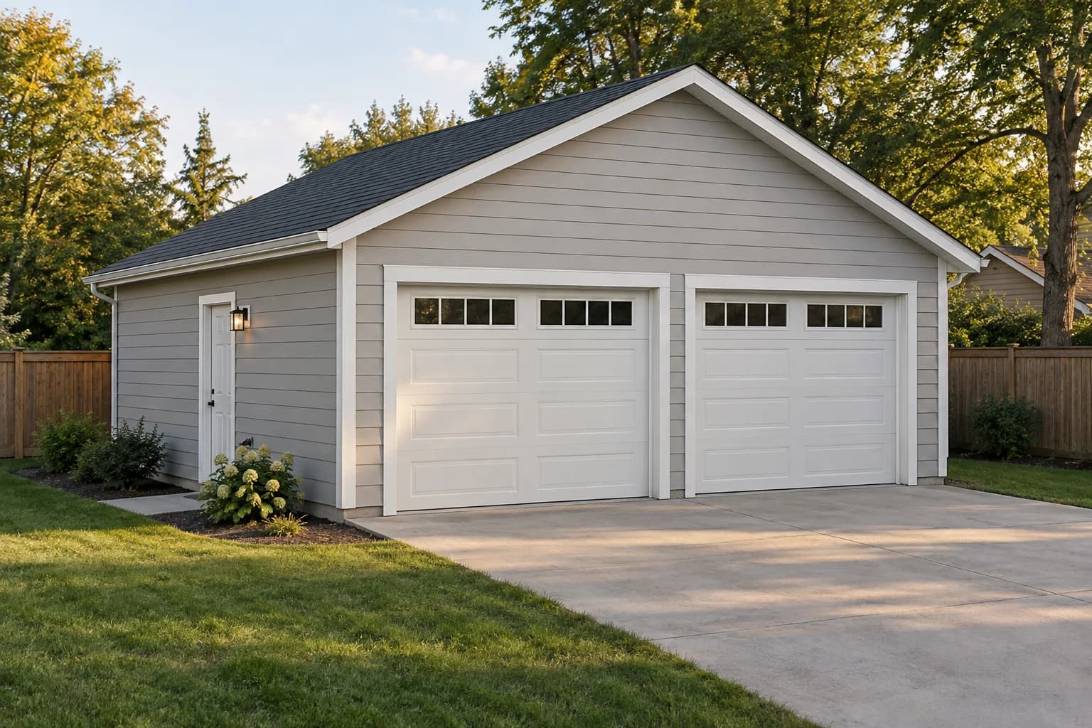 Completed compact 20 by 20 foot garage with two separate overhead doors
