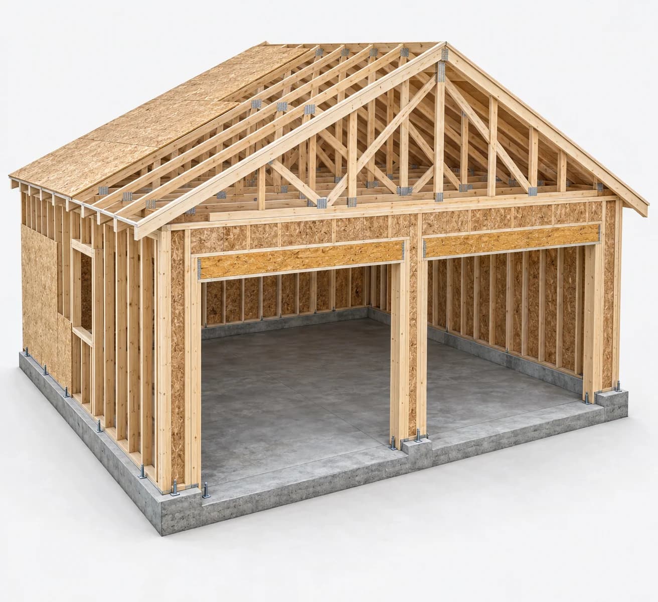 Cutaway structural illustration of a 20 by 20 foot garage slab, two framed door openings, walls, and gable trusses