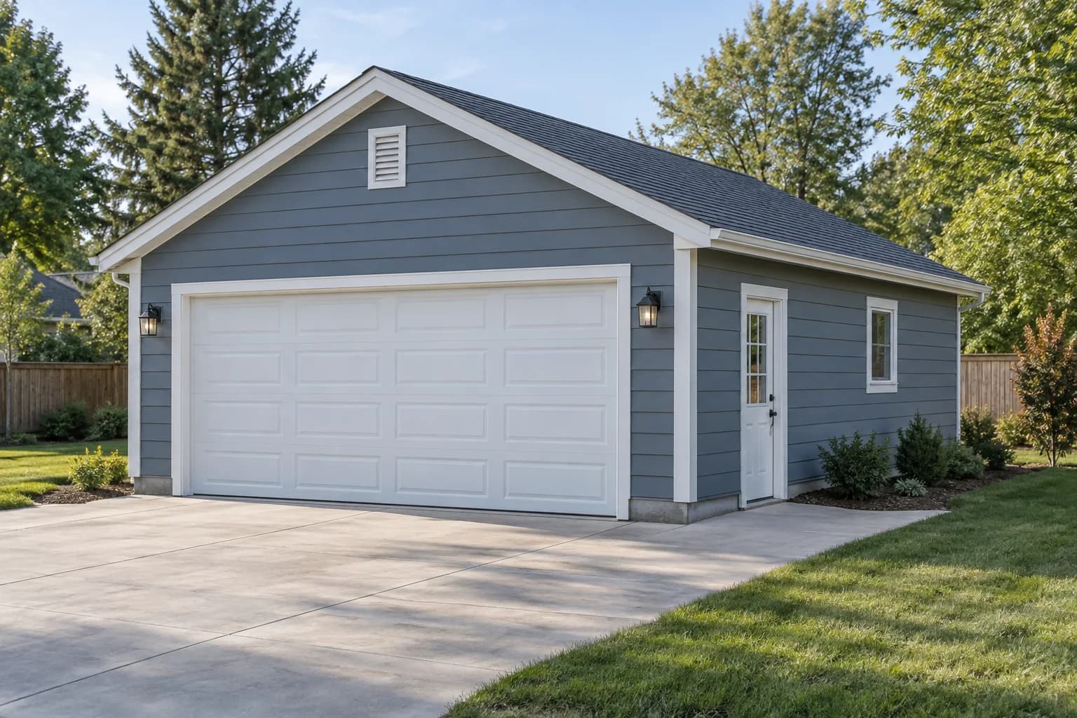 Completed blue-gray 24 by 24 foot garage with one wide overhead door and side service door