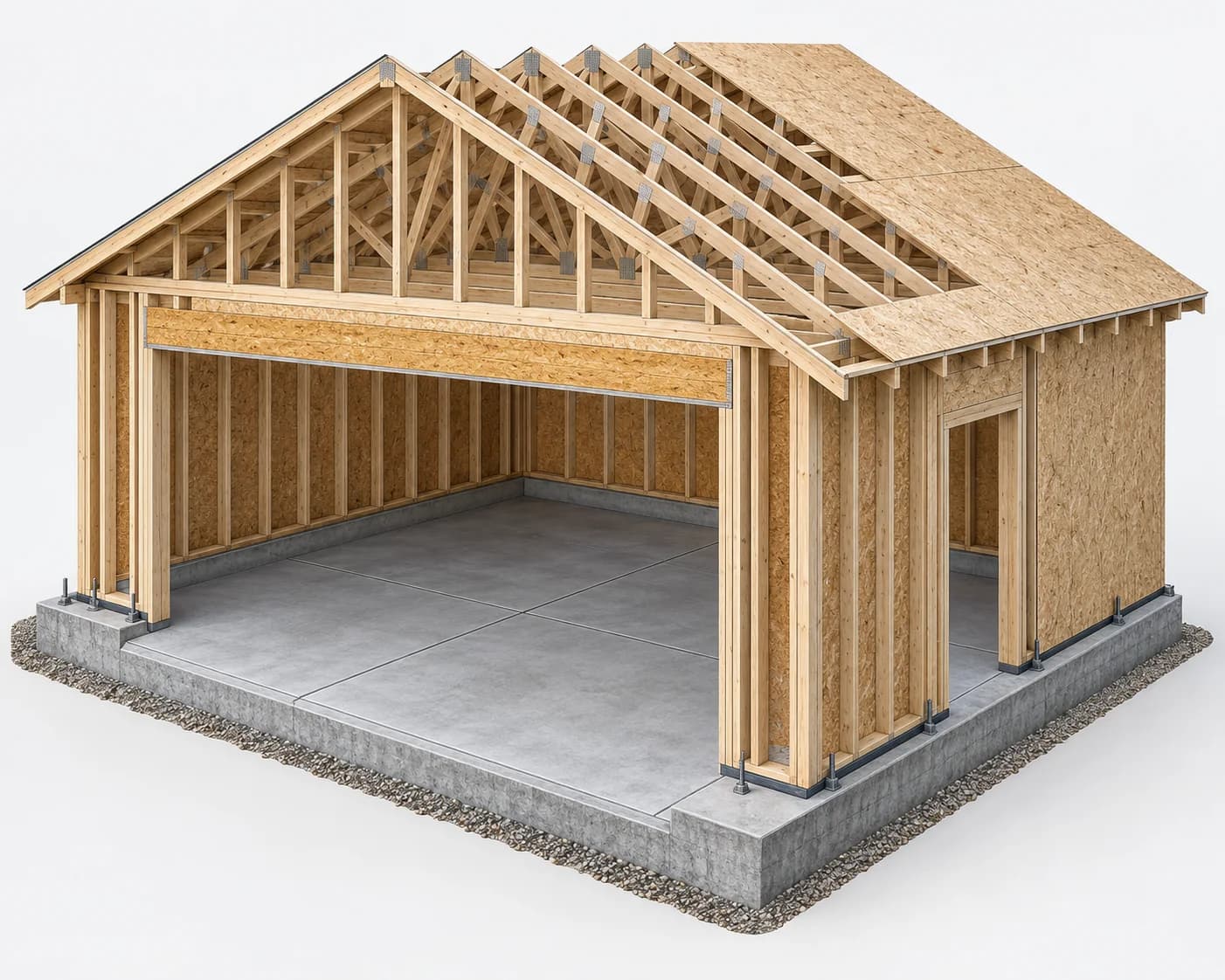 Cutaway structural illustration of a 24 by 24 foot garage slab, wide door header, framed walls, and gable trusses