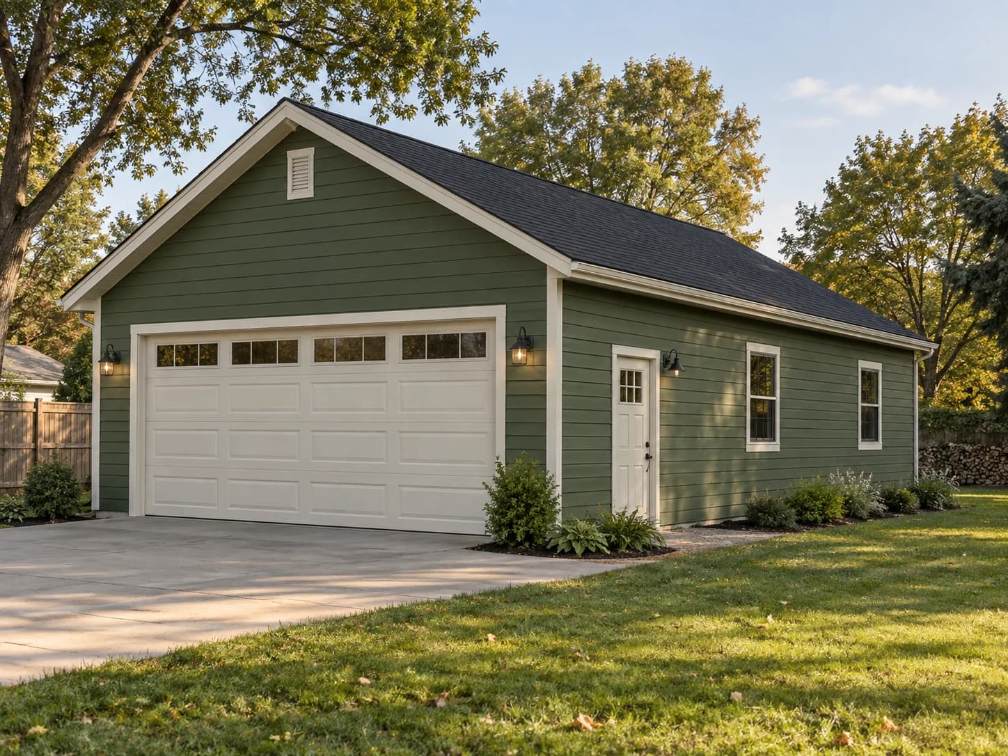 Completed green 24 by 30 foot detached garage with a wide overhead door, service door, and workshop windows