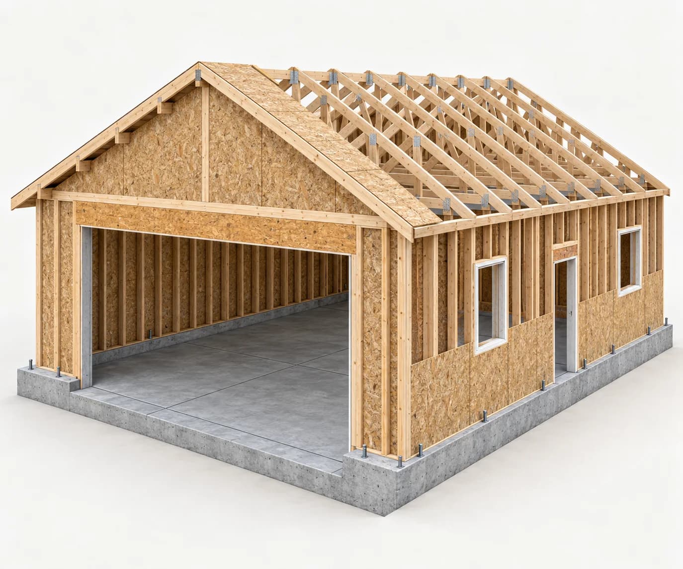 Cutaway structural illustration of a long 24 by 30 foot garage slab, framed door and window openings, walls, and repeated gable trusses