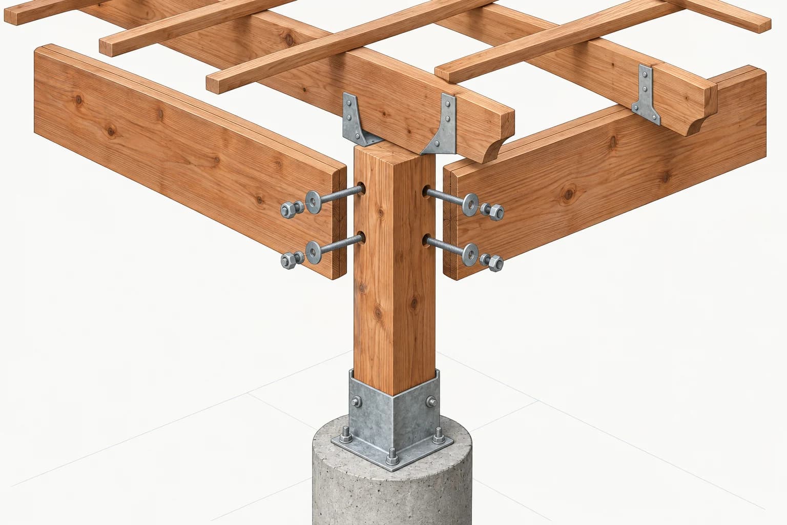 Technical illustration of a pergola post base, paired bolted beams, rafters, ties, and shade purlins