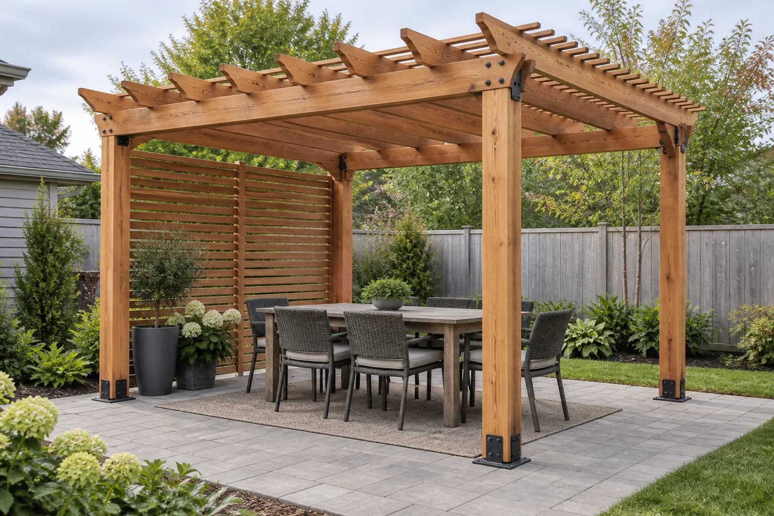 Completed 10 by 12 foot cedar pergola with a slatted end privacy screen