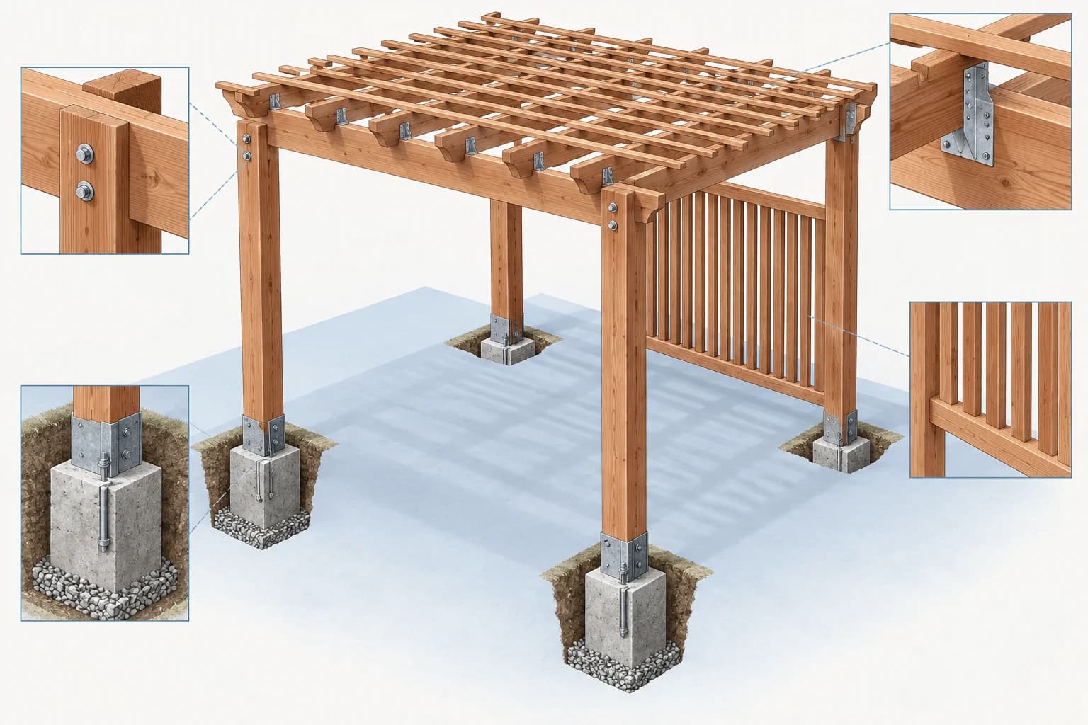 Technical pergola illustration showing pier footings, posts, paired beams, rafter ties, purlins, and an end privacy screen