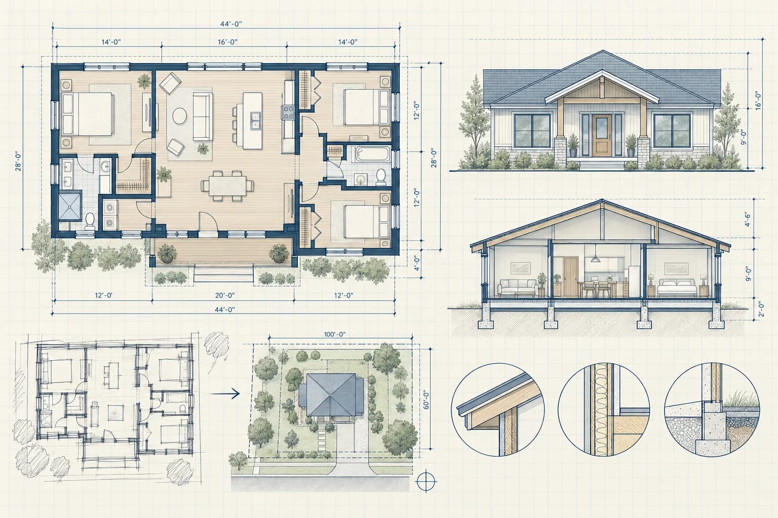 Residential drafting package with a floor plan, house elevation, building section, site plan, sketch, and construction details