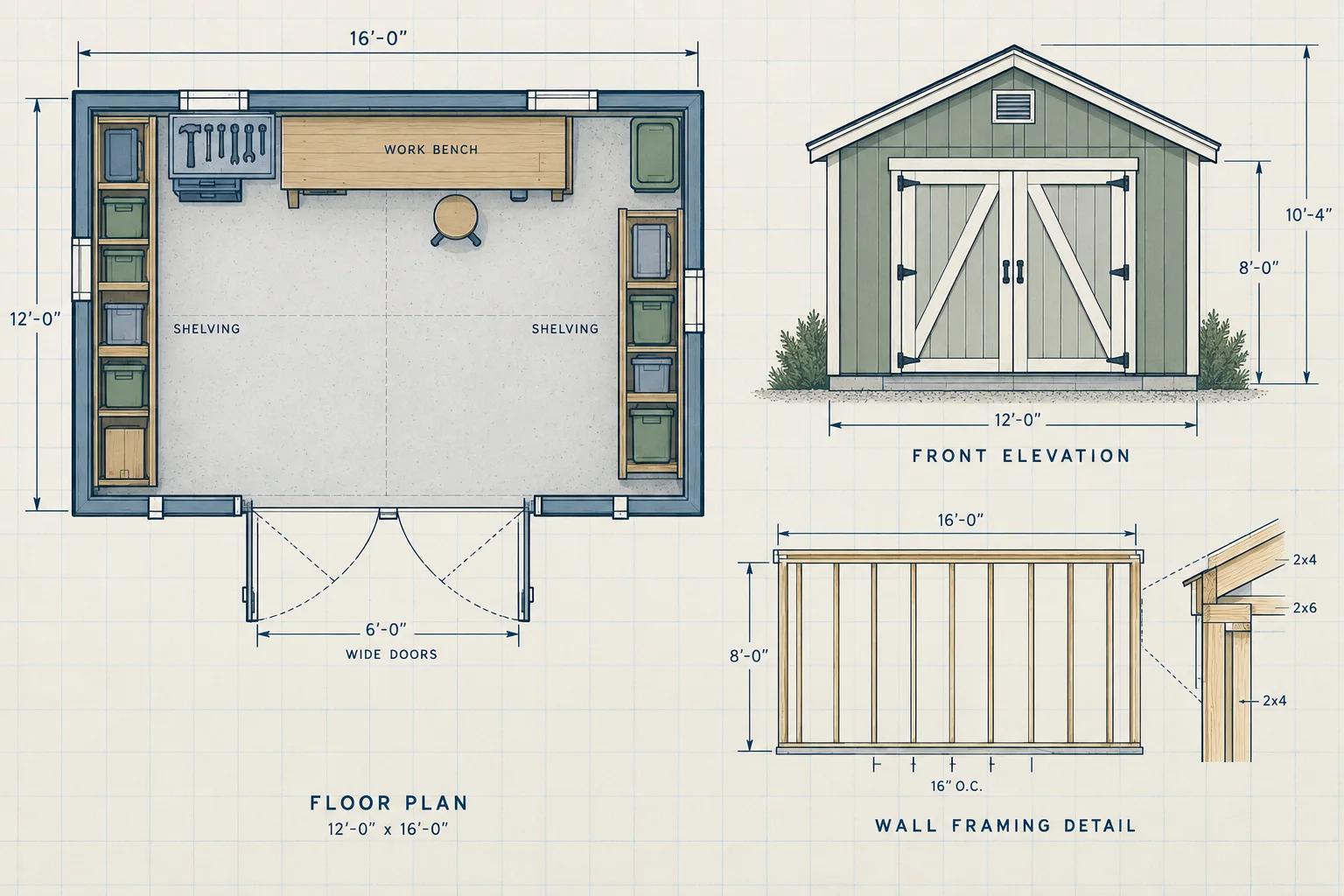 Shed plan board showing a storage layout, front elevation, and wall framing detail