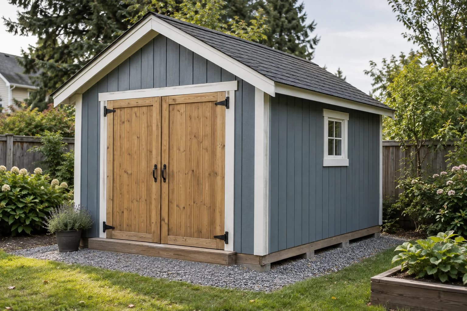 Compact blue-gray 10 by 12 foot garden shed with natural wood double doors