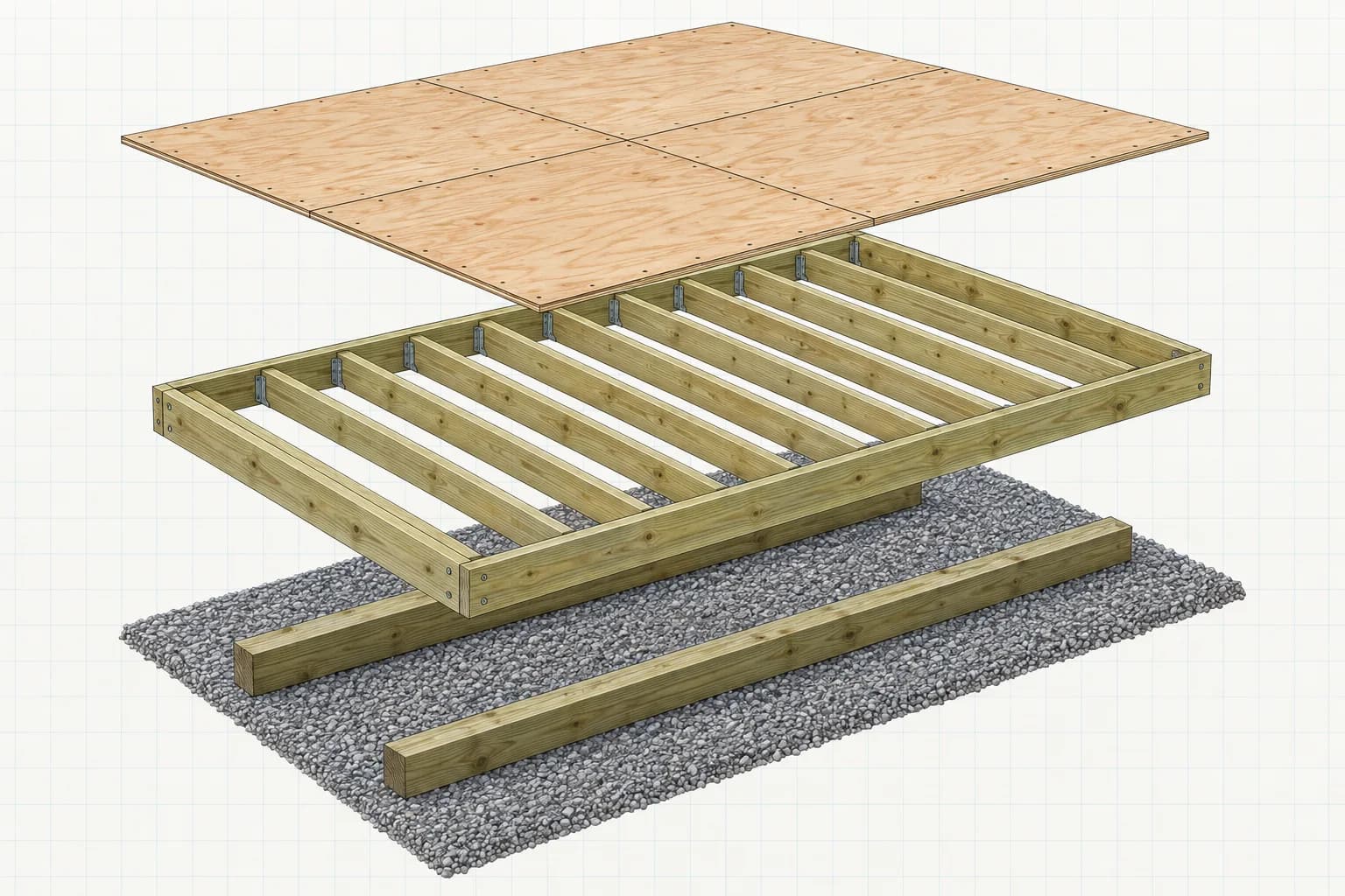 Exploded illustration of a compact shed floor with gravel, skids, joists, and plywood