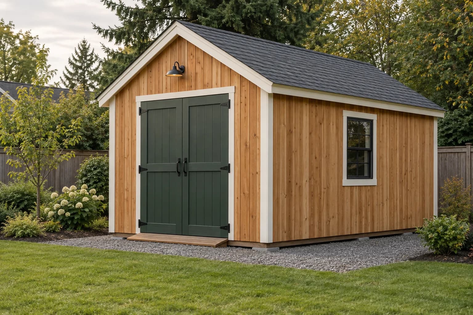 Completed 12 by 16 foot cedar shed with a gable roof and green double doors