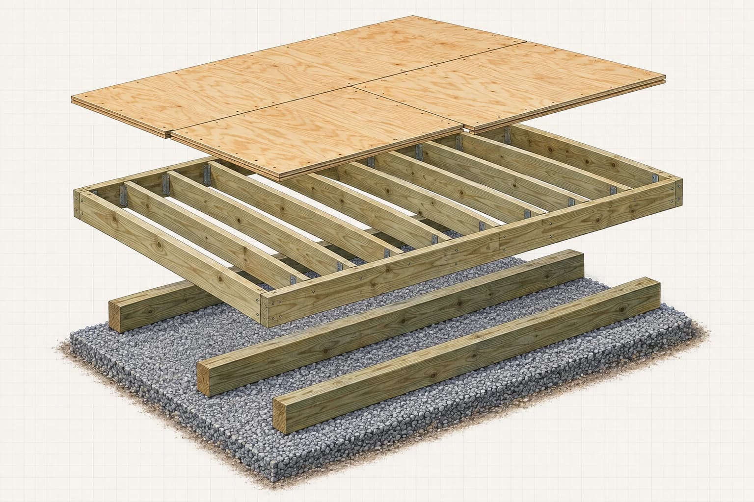 Exploded construction illustration of gravel, three skids, floor joists, and plywood subfloor