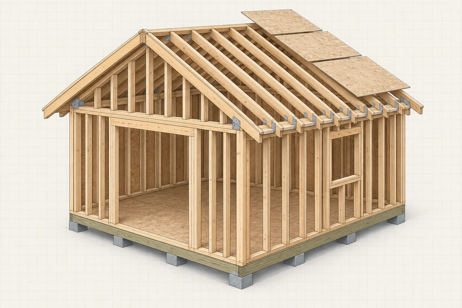 Technical construction illustration of a gable roof with ridge, rafters, connectors, and roof sheathing