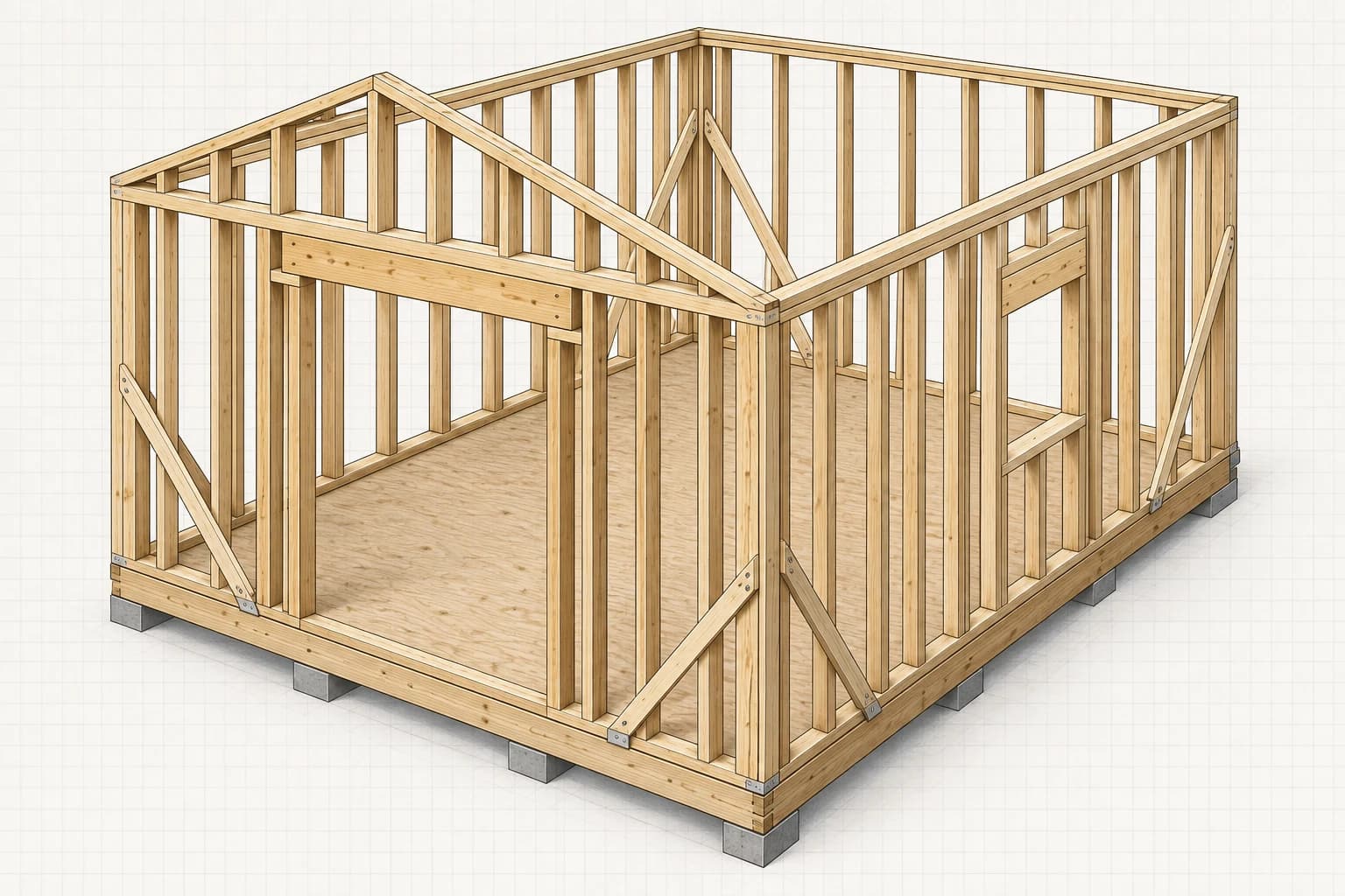 Technical construction illustration of shed wall framing with double-door and window openings