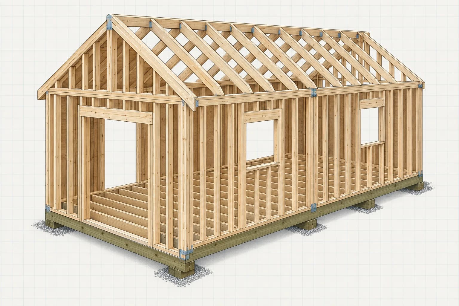 Cutaway framing illustration of an elongated 12 by 20 foot shed with doors, windows, walls, and gable rafters