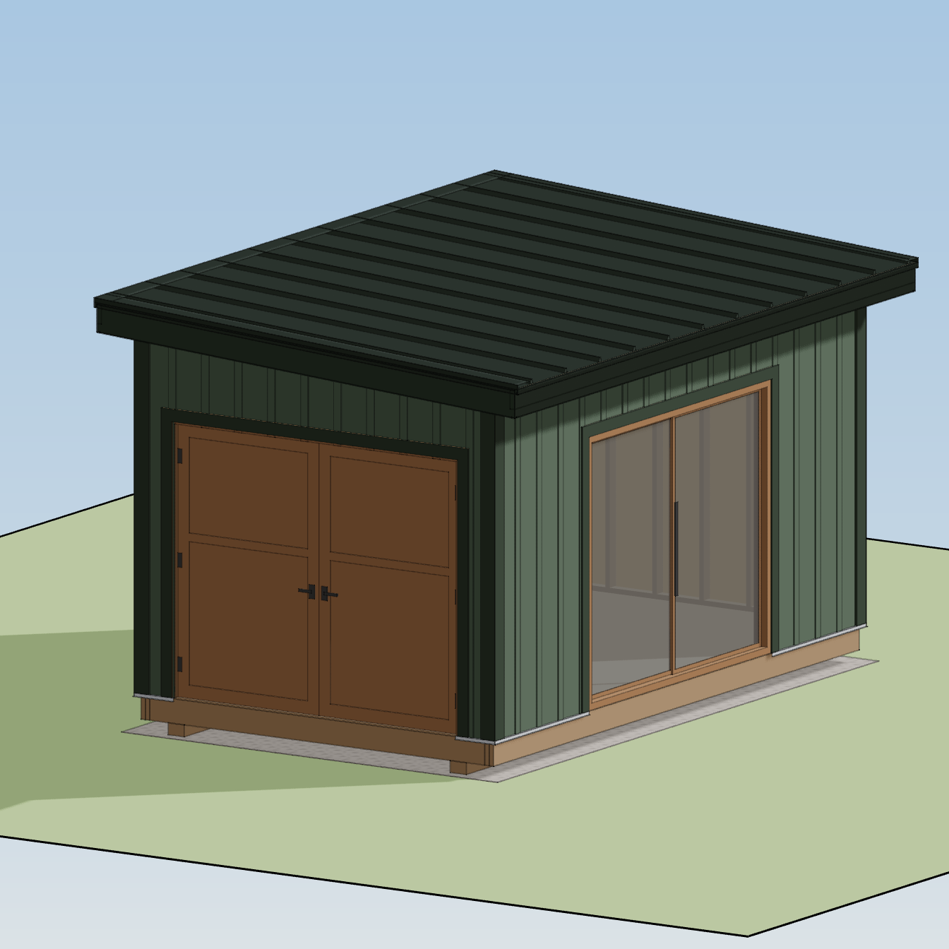 Exterior rendering of the green lean-to shed with solid and glass double doors