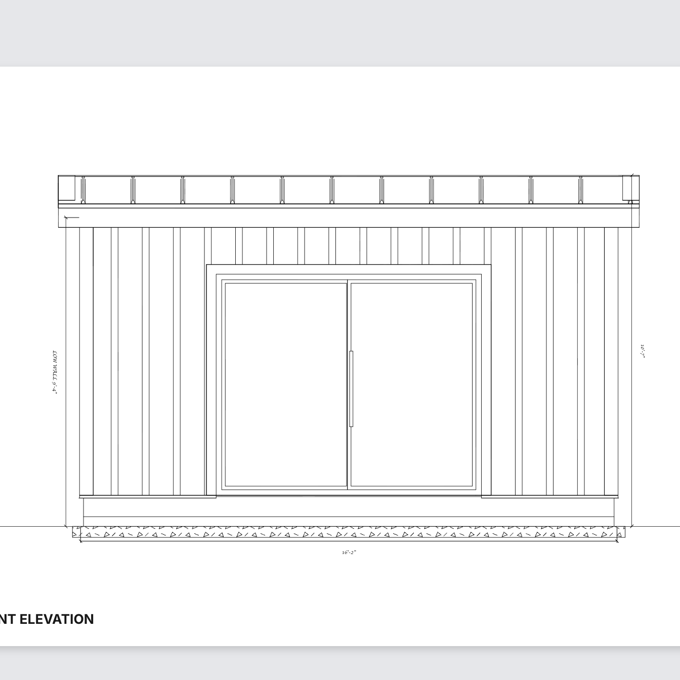Dimensioned elevation of the lean-to shed glass double-door wall