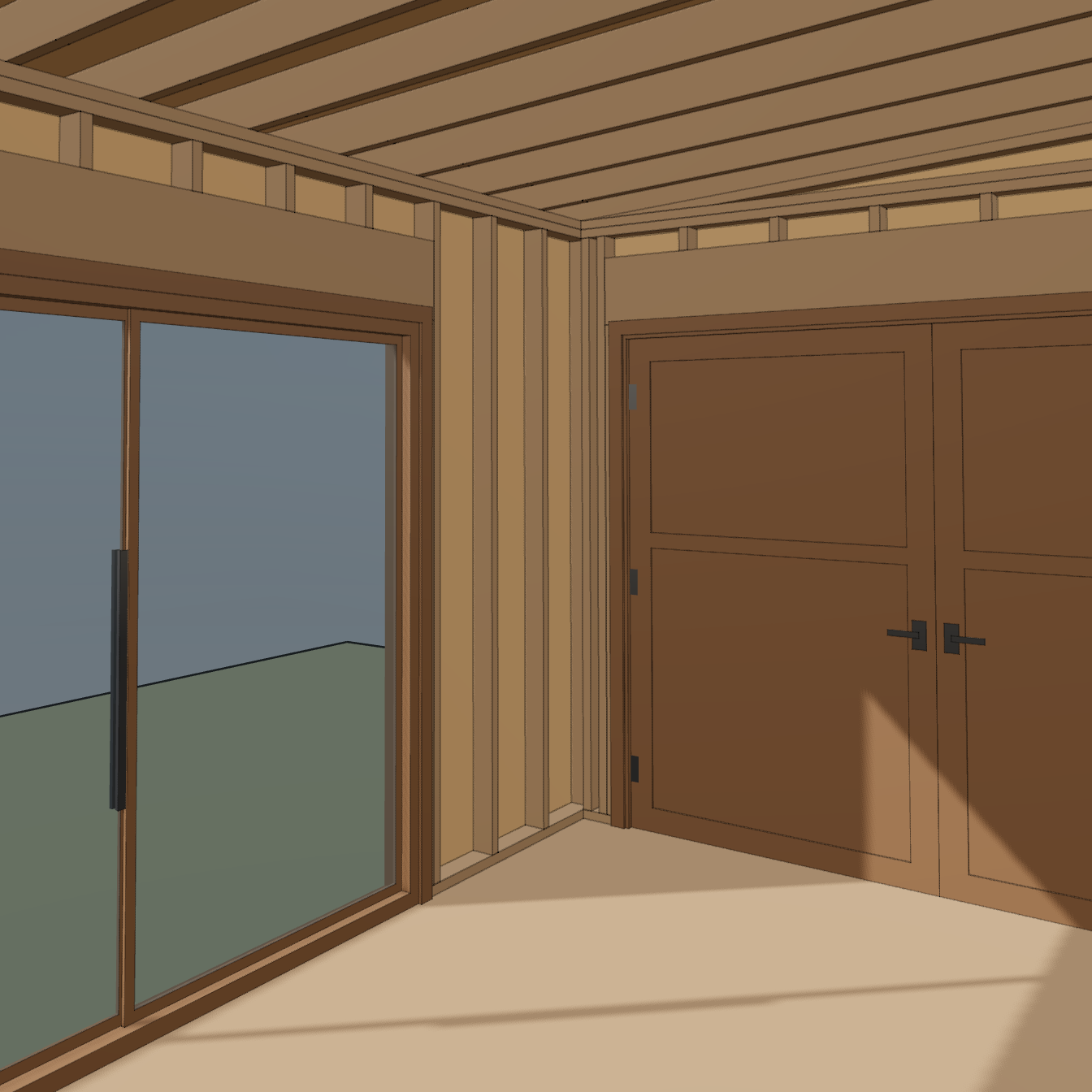 Interior framing rendering of the lean-to shed between its solid and glass double doors