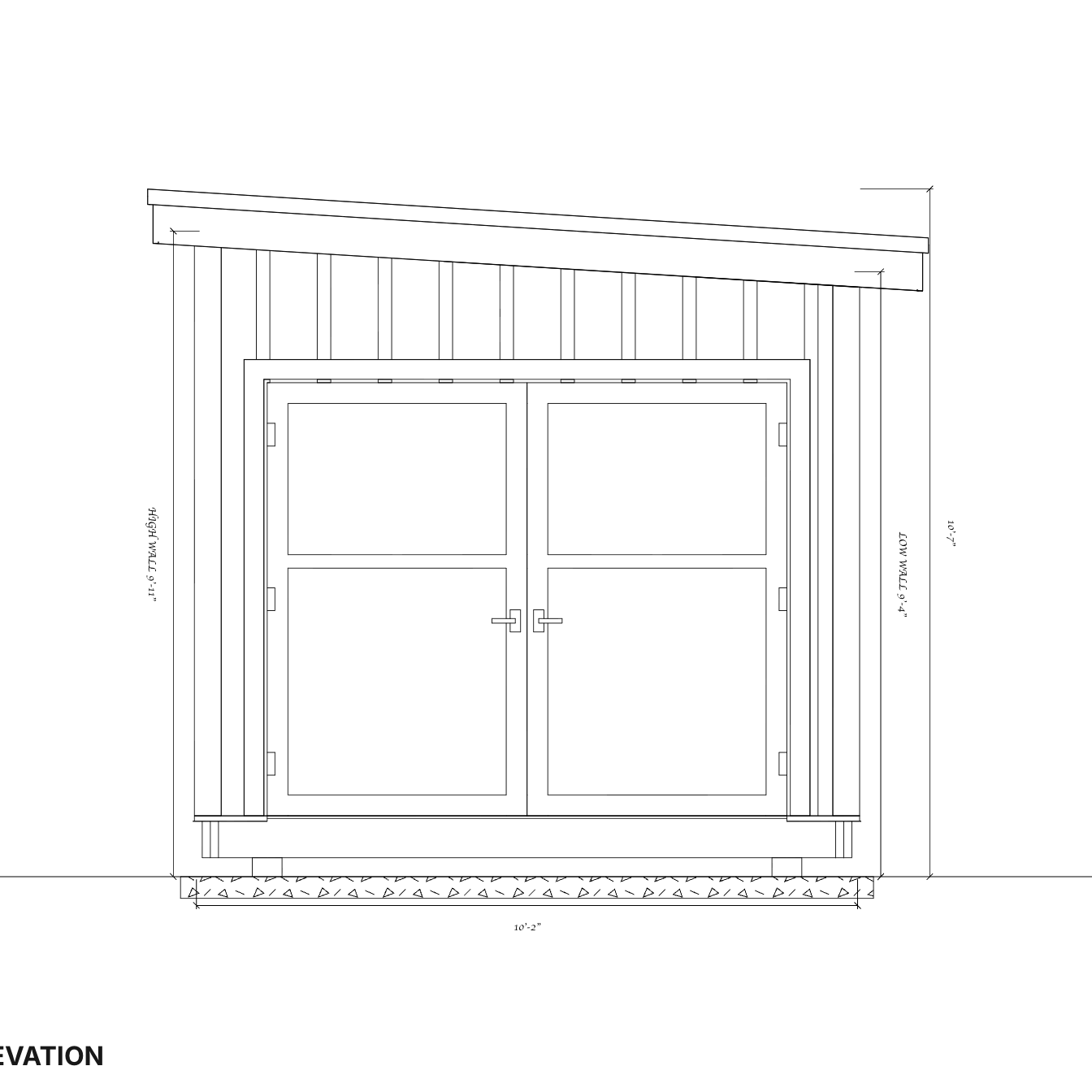 Dimensioned elevation of the lean-to shed solid double-door wall