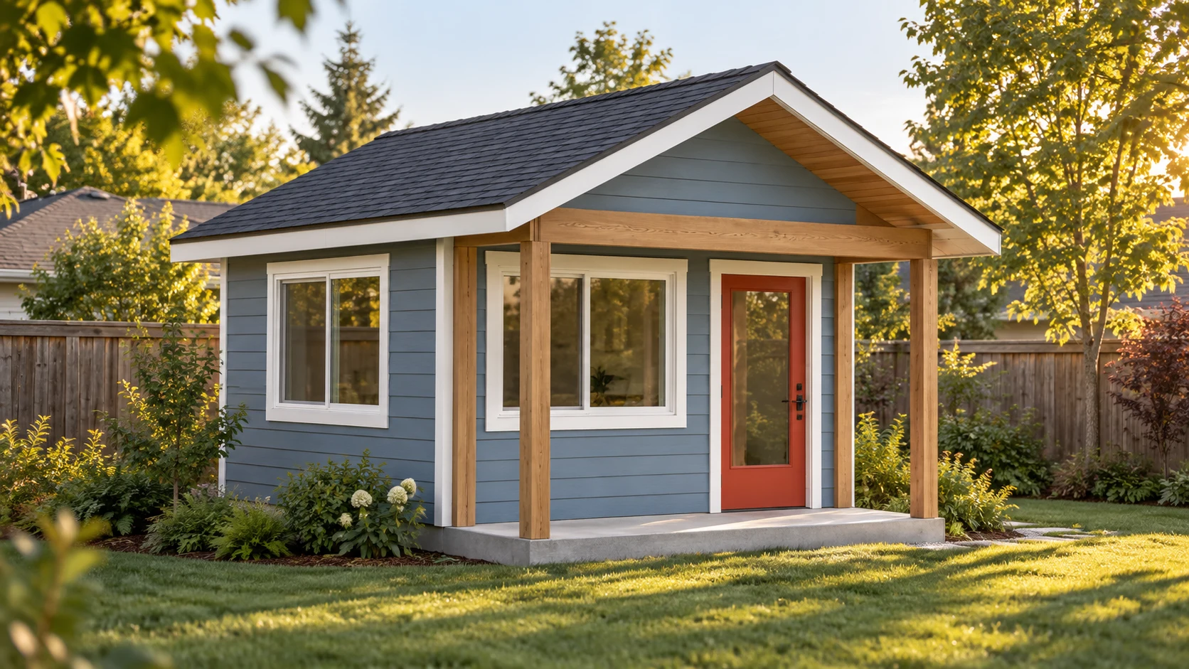 Blue backyard cabin with a red glazed door and covered front porch
