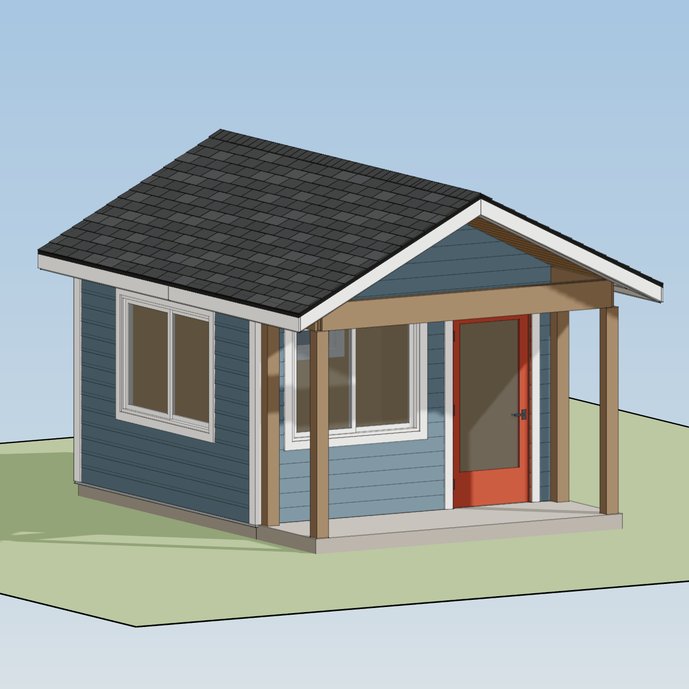 HomeCat exterior model of the blue backyard cabin and its covered porch