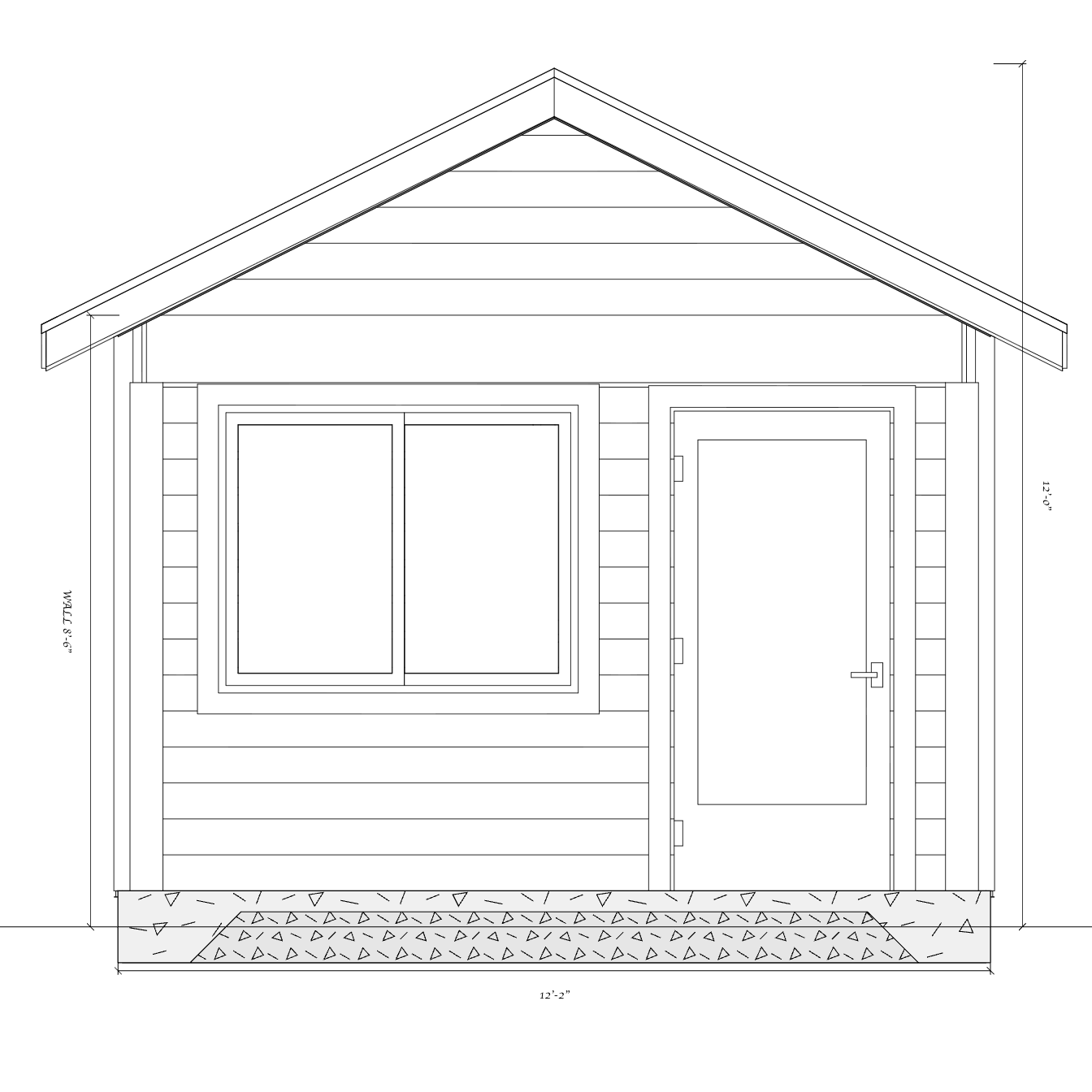 Dimensioned front elevation of the backyard cabin