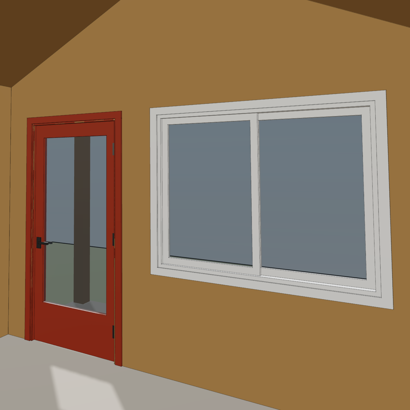 Interior model view of the cabin's glazed door and wide window
