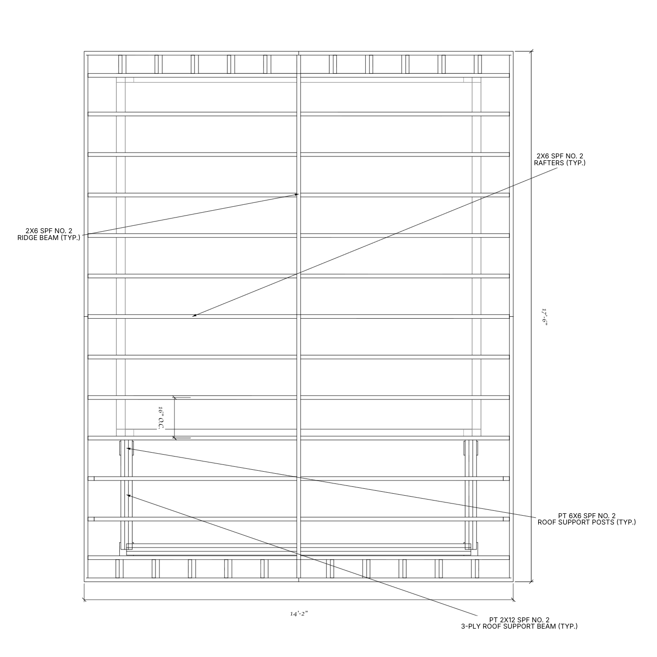 Dimensioned roof-framing plan for the gable-roof cabin and front porch