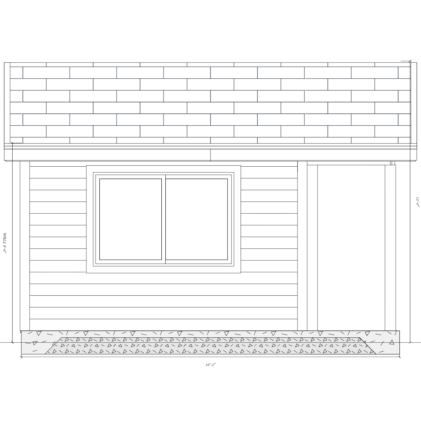 Dimensioned side elevation showing the cabin wall, porch, slab, and gable roof