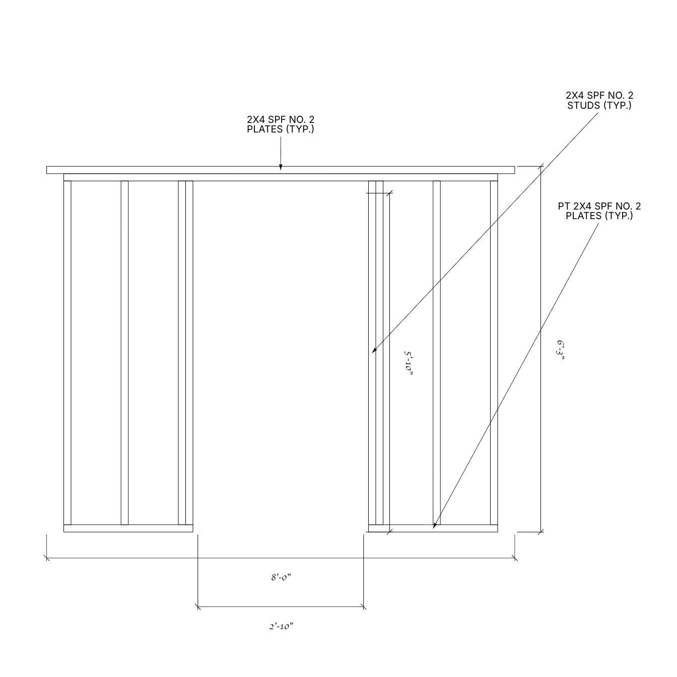 Door-wall framing drawing for the low-profile shed