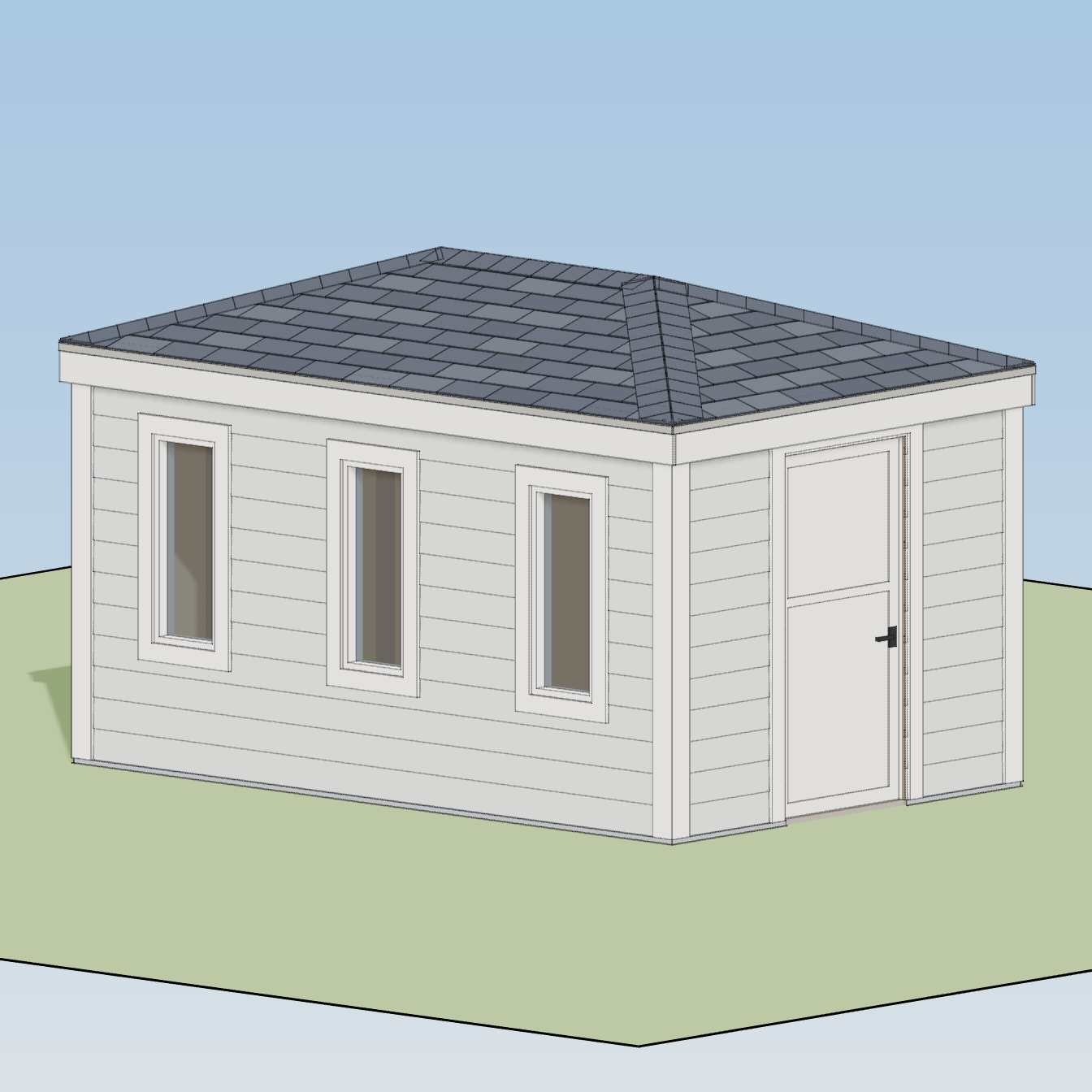 HomeCat exterior model of the low-profile shed with three tall front windows