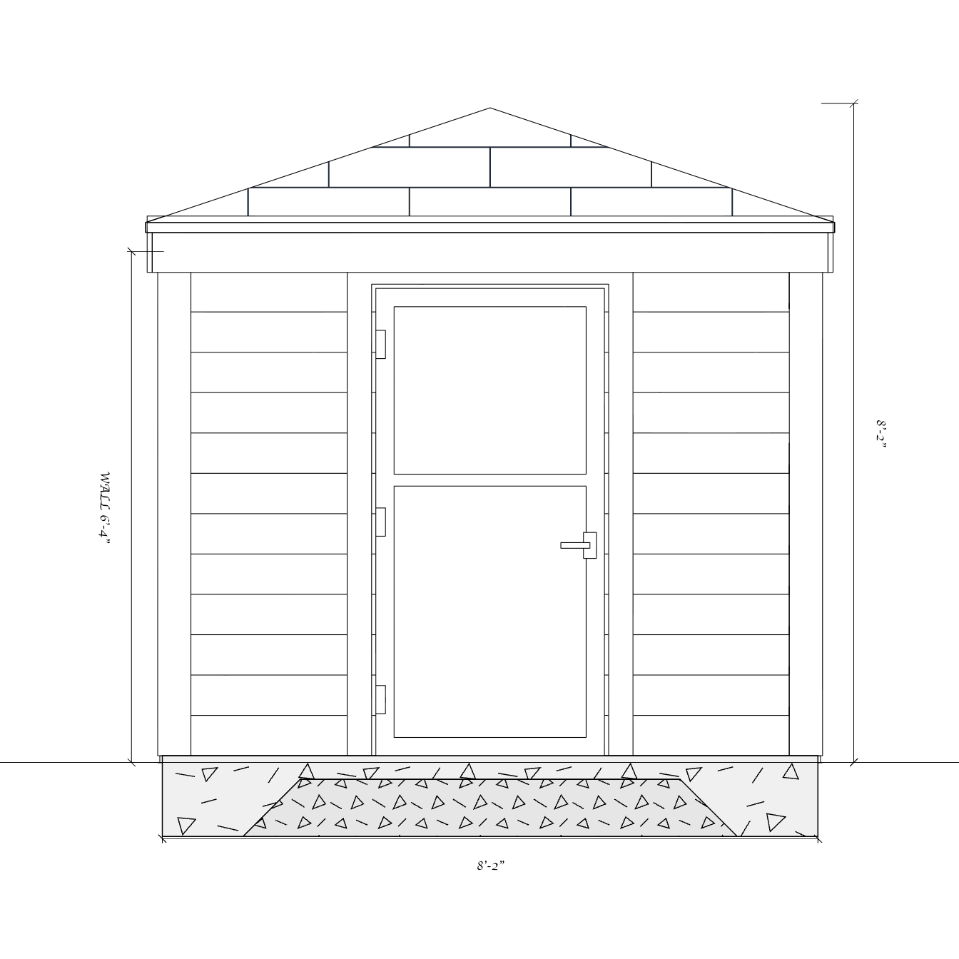 Dimensioned door-side elevation of the low-profile shed
