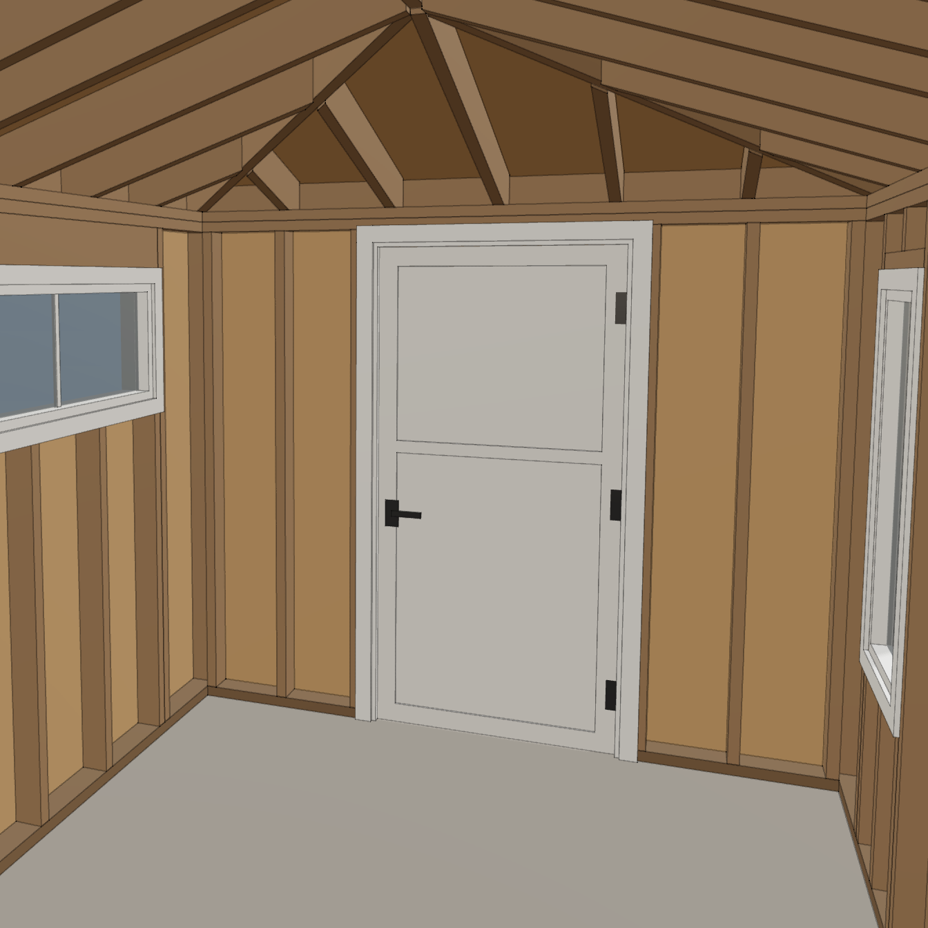 Interior framing view showing the short shed door directly below the roof framing