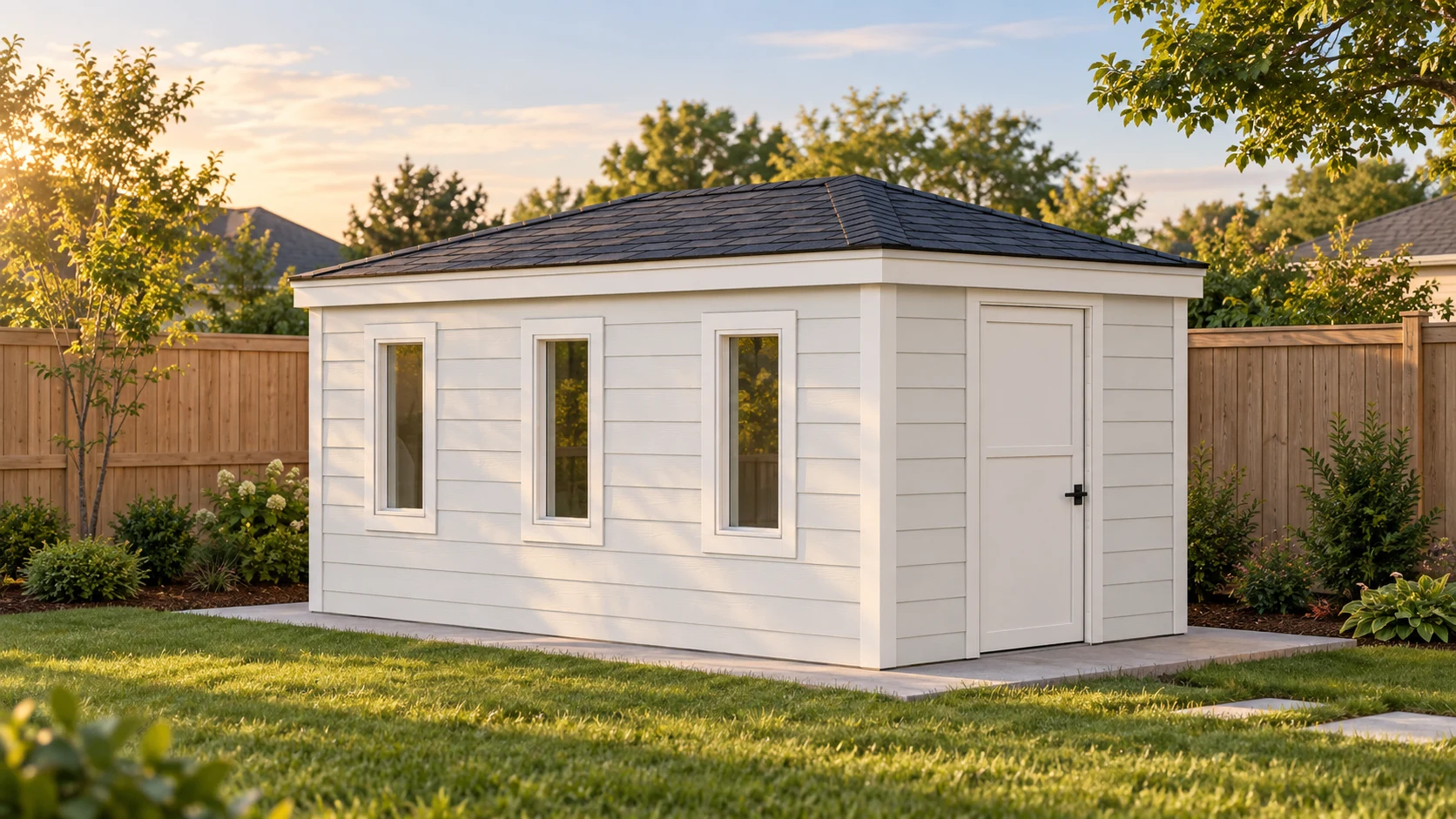 Low-profile white shed behind a six-foot backyard fence