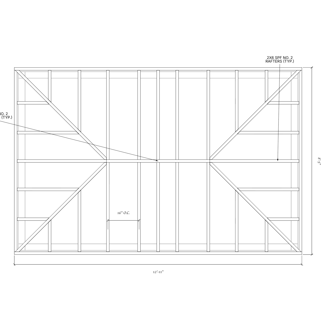 Roof framing plan for the shed's shallow hip roof