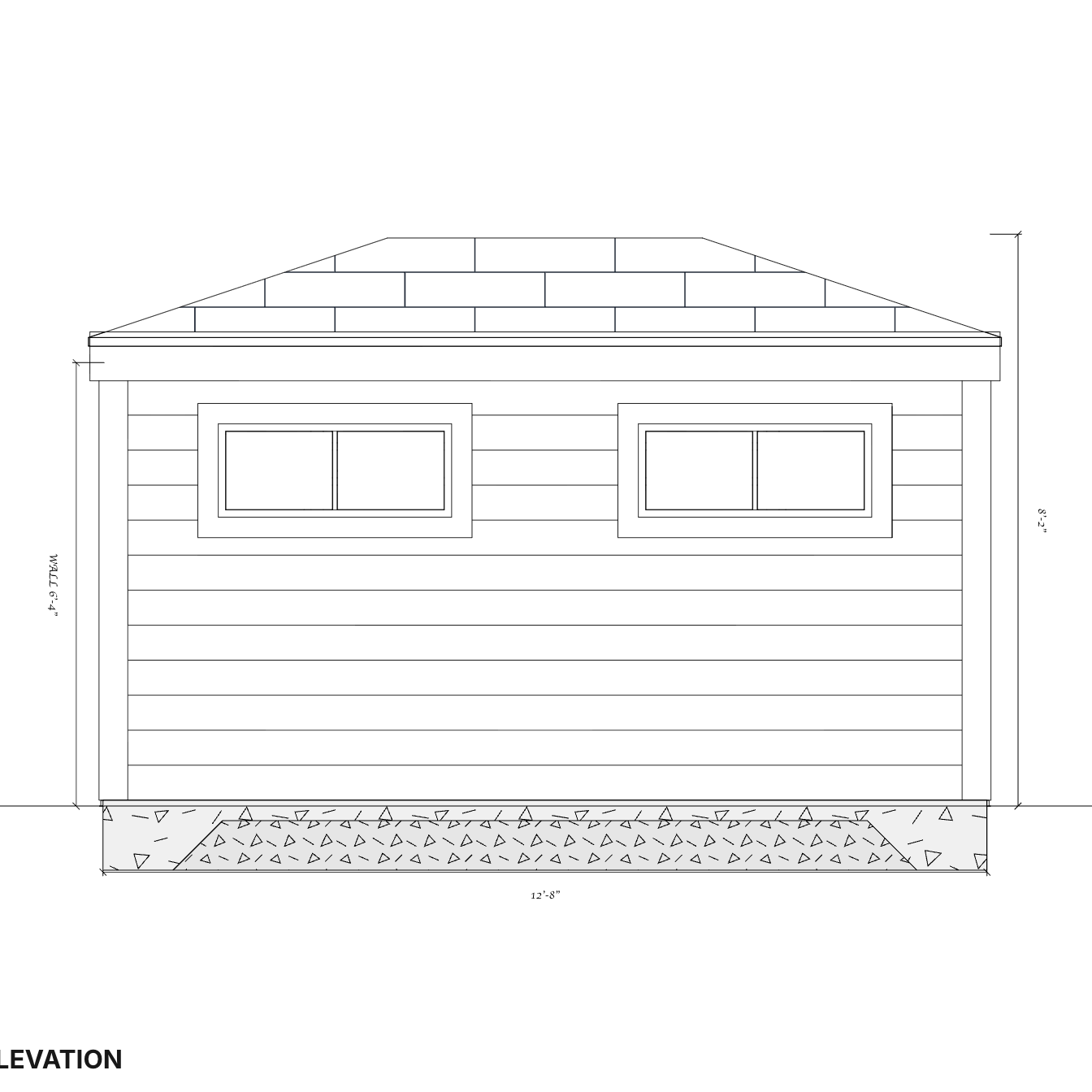 Dimensioned long-side elevation of the shed with three vertical windows