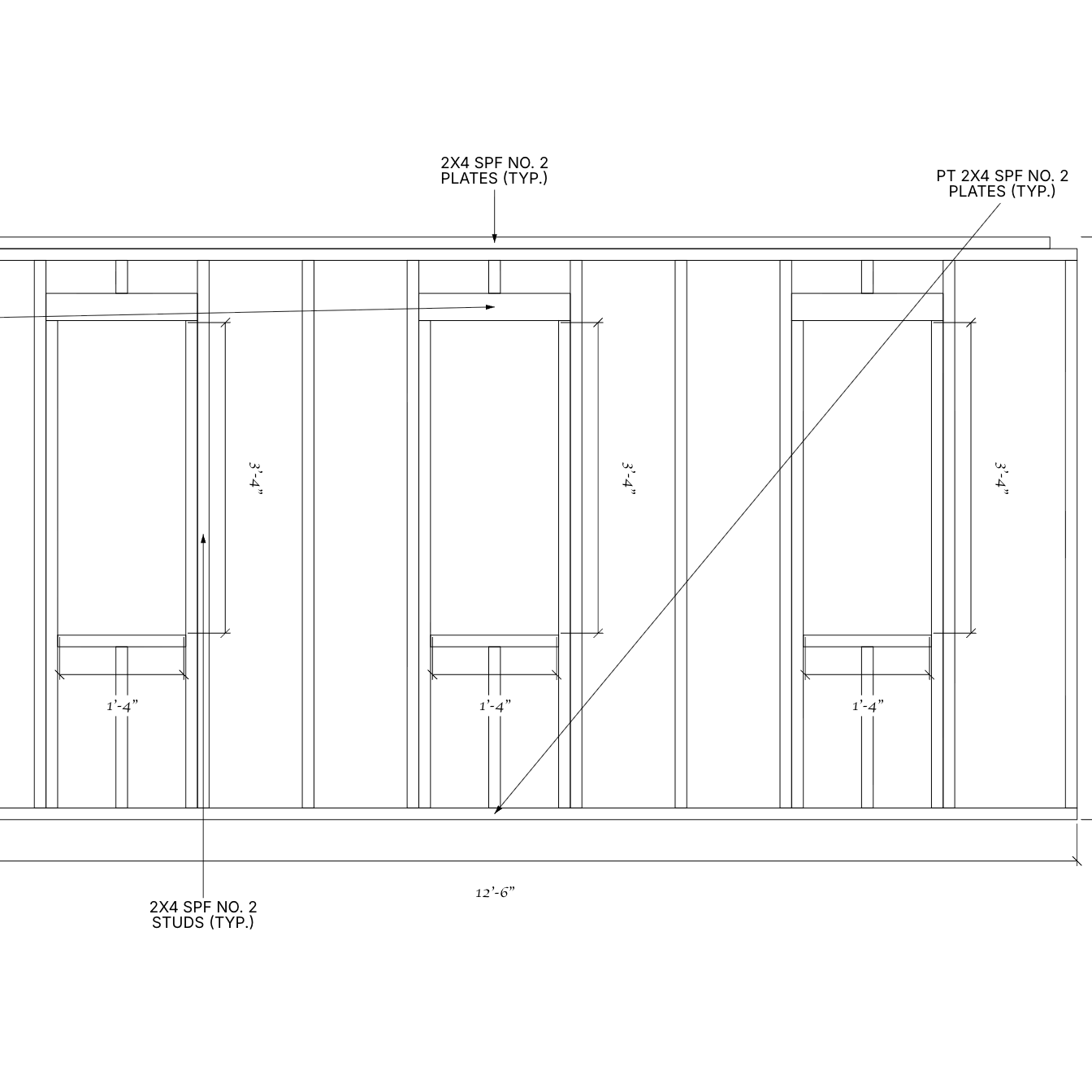 Framing drawing of the shed wall with three vertical windows