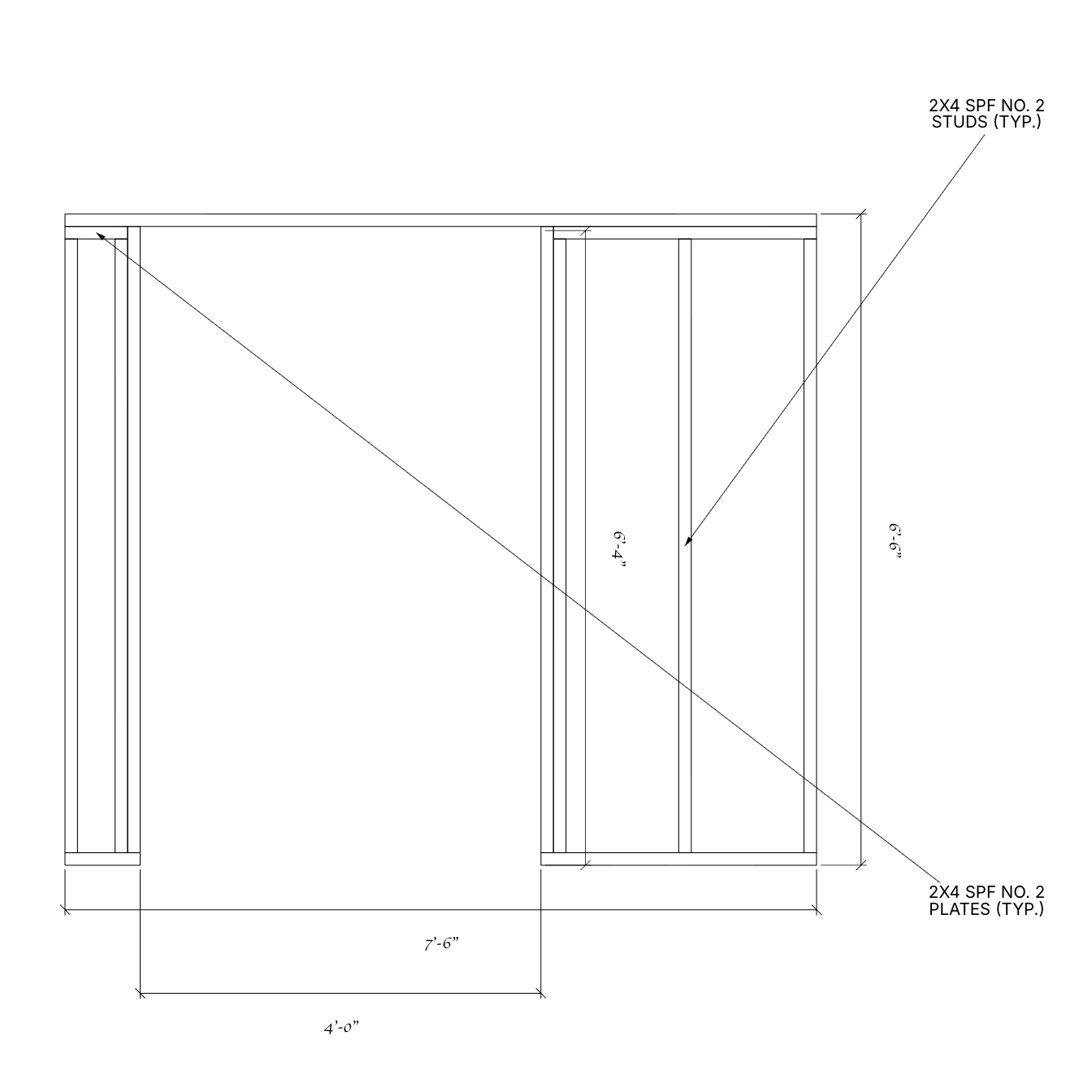 Dimensioned framing drawing for the compact shed's full-height double-door wall
