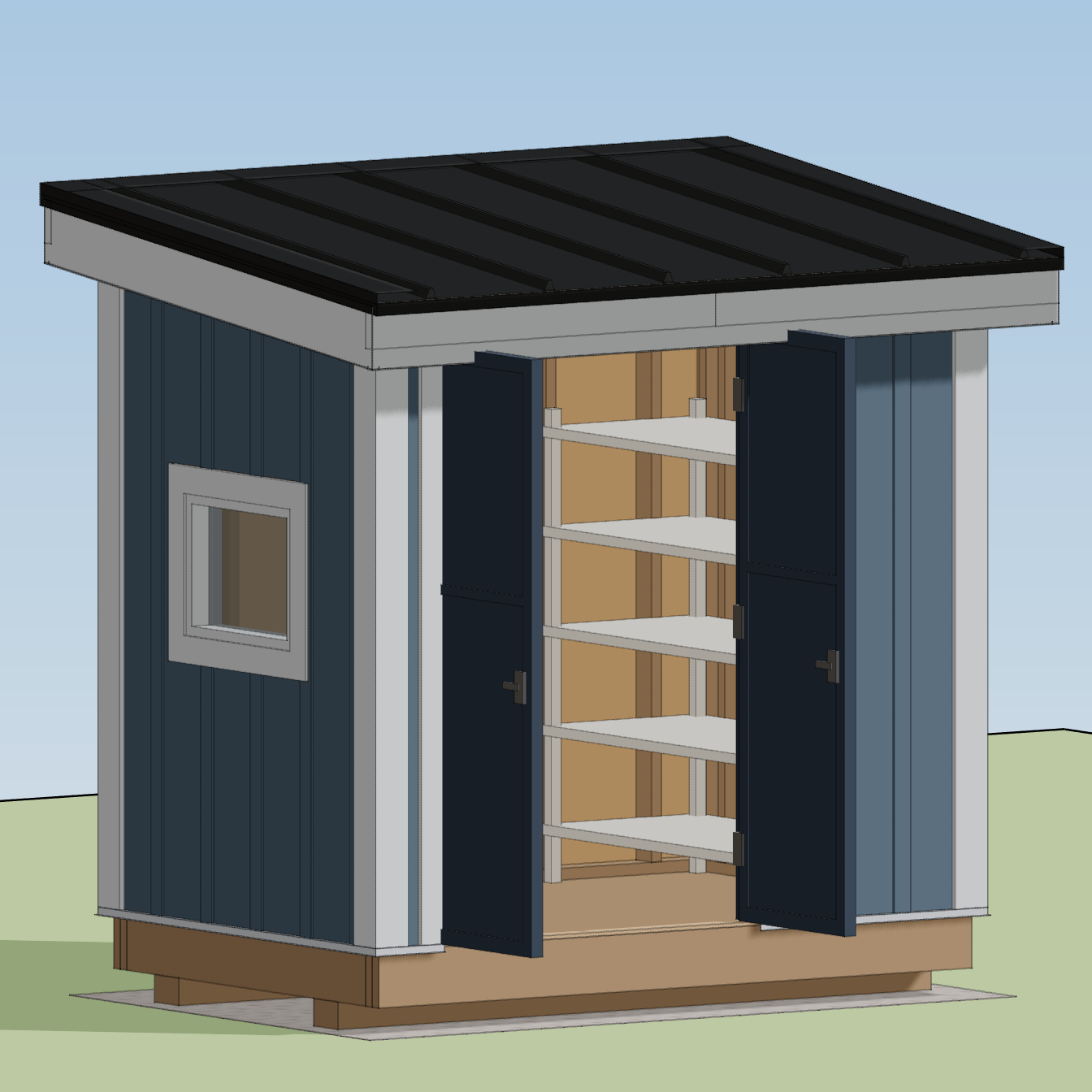 HomeCat 3D model of a compact navy lean-to shed with open double doors and interior shelving